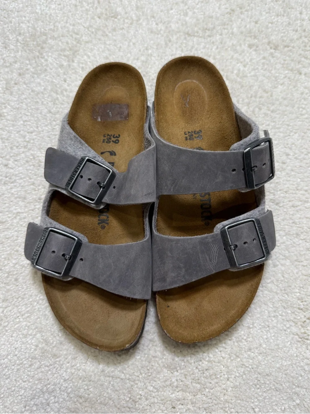 Birkenstock Arizona Two Strap Sandal Iron Oiled Leather Light Gray Wool EU 39